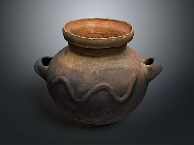 Handcrafted Clay Pot Sculpture With Wavy Carvings And Two Handles Brown Surface Texture 3d model