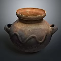 Handcrafted Clay Pot Sculpture With Wavy Carvings And Two Handles Brown Surface Texture