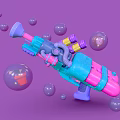 Colorful Bubble Gun Toy With Pink Blue Design And Transparent Bubbles On Purple Background
