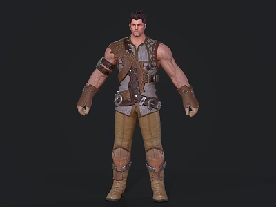 A Muscular Man in Leather Metal Outfit with Arm Knee Guards Warrior Style 3d model