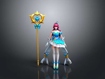 Woman in blue white dress with pink hair holding golden staff with heart blue gem 3d model