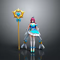 Woman in blue white dress with pink hair holding golden staff with heart blue gem