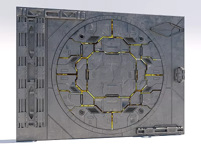 Industrial Metallic Panel With Circular Octagonal Design Yellow Accent Lines And Mechanical Details 3d model