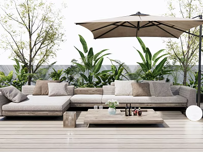 Cozy Outdoor Sofa with Umbrella Green Plants Wooden Floor and Decorative Pillows 3d model