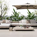 Cozy Outdoor Sofa with Umbrella Green Plants Wooden Floor and Decorative Pillows