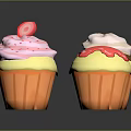 Colorful Cupcakes With Chocolate Sauce Cream Strawberry And Cherry Toppings On Black Background