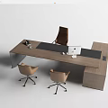 Modern Wooden Office Desk Setup With Black Surface Computer And Three Chairs 3d model