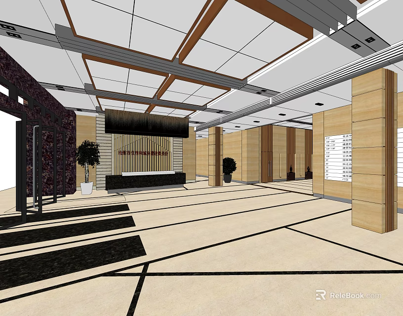Service Hall Interior Design Featuring Wooden Ceiling Pillars Reception Counter And Plants 3d model 