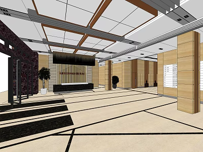 Service Hall Interior Design Featuring Wooden Ceiling Pillars Reception Counter And Plants 3d model