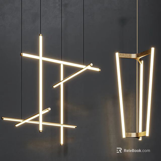 Modern Metal Frame Pendant Lights With Geometric Linear Structure And Illuminated Tubes 3d model 