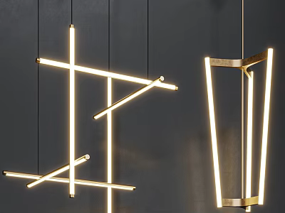 Modern Metal Frame Pendant Lights With Geometric Linear Structure And Illuminated Tubes 3d model