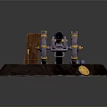 Antique Cannon with Ornate Wheels on Wooden Platform Including Cannonballs and Golden Emblem