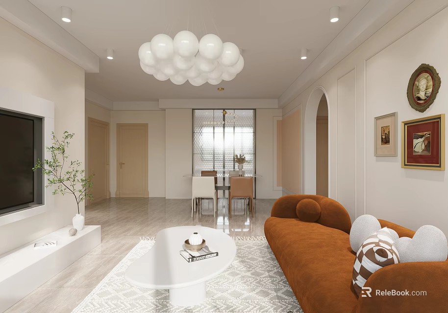 Elegant Living Dining Room Interior Design With Brown Sofa White Coffee Table Spherical Chandelier And Decorative Paintings 3d model 