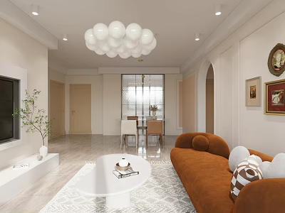 Elegant Living Dining Room Interior Design With Brown Sofa White Coffee Table Spherical Chandelier And Decorative Paintings 3d model