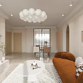 Elegant Living Dining Room Interior Design With Brown Sofa White Coffee Table Spherical Chandelier And Decorative Paintings