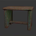 Vintage Wooden Table with Rectangular Distressed Green Red Top and Textured Legs