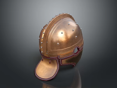 Ancient Bronze Battle Weapon Helmet with Rivets Decorative Lines and Metal Details 3d model