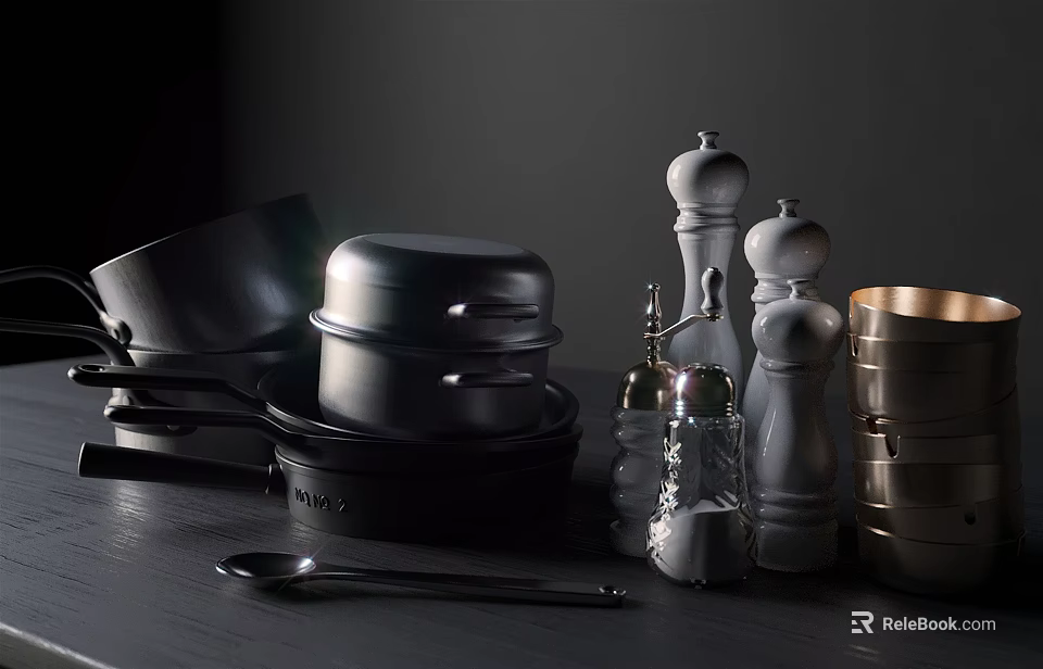 Modern Kitchen Cookware Collection With Pots Pans Spice Grinders And Spoon 3d model 