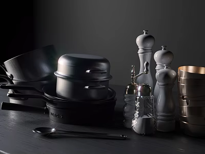 Modern Kitchen Cookware Collection With Pots Pans Spice Grinders And Spoon 3d model