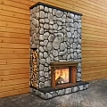 Stone Fireplace With Burning Fire Inside And Stacked Firewood Beside