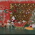 Christmas Floral Display with Red Background Golden Ornaments Santa Sleigh Gift Boxes and Christmas Tree