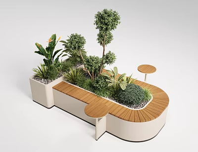 Modern Outdoor Leisure Chair with Wooden Seating Green Plants and Small Round Table 3d model