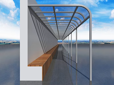 Curved Glass Canopy For Outdoor Walkway With Wooden Bench And Scenic View 3d model