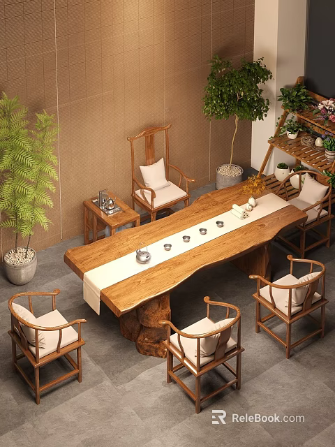 Traditional Chinese Style Tea Table and Chairs with Solid Wood and Indoor Green Plants 3d model 