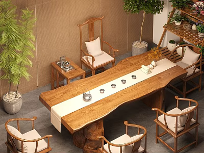 Traditional Chinese Style Tea Table and Chairs with Solid Wood and Indoor Green Plants 3d model