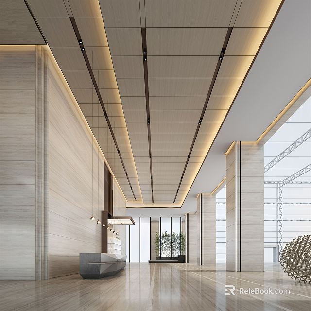 Modern Reception Desk Area With Wooden Walls Ceiling Light Strips And Green Plants 3d model 