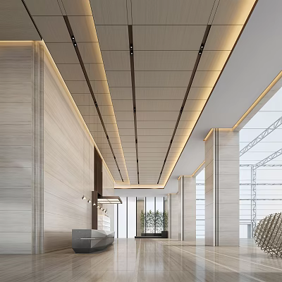 Modern Reception Desk Area With Wooden Walls Ceiling Light Strips And Green Plants 3d model