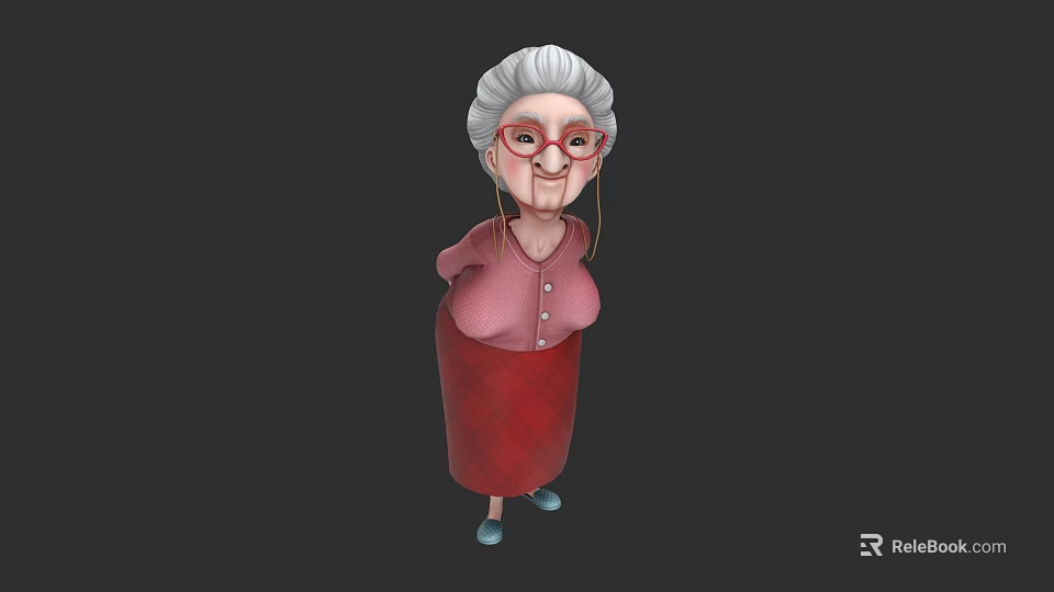Elderly woman with white hair red glasses wearing pink top red skirt and blue shoes 3d model 
