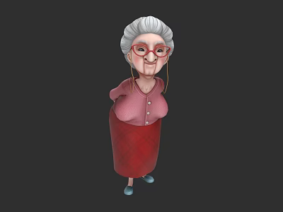 Elderly woman with white hair red glasses wearing pink top red skirt and blue shoes 3d model