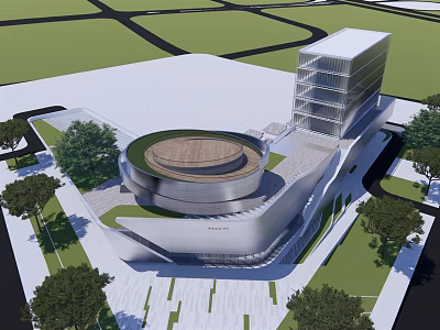 Innovative Modern Architectural Design With Circular Roof Skyscraper And Green Trees 3d model