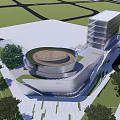 Innovative Modern Architectural Design With Circular Roof Skyscraper And Green Trees