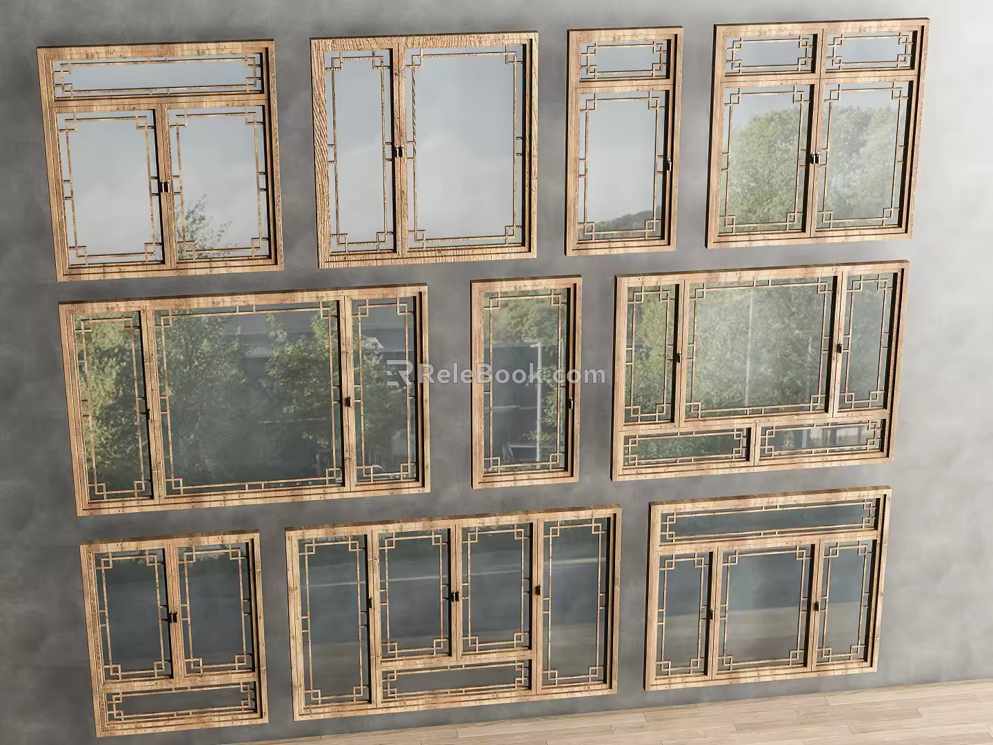 Modern new Chinese style window combination window glass window floor-to-ceiling window balcony window wooden window Chinese style carved window casement window door and window 3d model