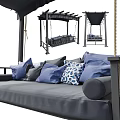 Outdoor Swing With Gray Frame Hanging Ropes Gray Cushions And Blue White Checkered Pillows