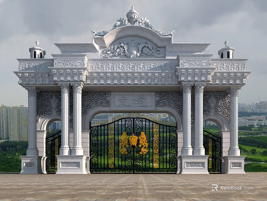 Grand Ornate Entrance Gate With Marble Carvings Iron Pillars And Wrought Iron Design 3d model 
