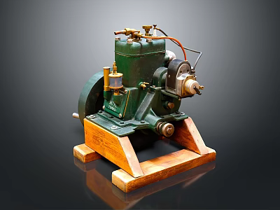 Vintage Green Mechanical Equipment with Metal Parts on Wooden Base 3d model