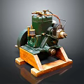 Vintage Green Mechanical Equipment with Metal Parts on Wooden Base