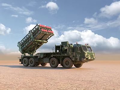 Camouflaged Military Missile Launch Vehicle With Elevated Launcher In Desert Terrain 3d model