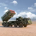 Camouflaged Military Missile Launch Vehicle With Elevated Launcher In Desert Terrain