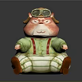 Chubby Cartoon Game Character Wearing Green Outfit Red Suspenders And Aviator Goggles In Sitting Pose
