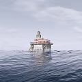 Wooden Sea Platform With Red White Stripes And New Seadonia Banner In Ocean Water