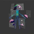 Fantasy Character With Mushroom Creature Blue Purple Body And Skeletal Structure Surrounded By Small Mushrooms