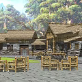 Ancient Architecture With Traditional Roof Wooden Structure Stone Walls Surrounded By Trees