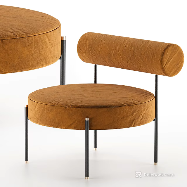 Brown Velvet Dining Chairs With Round Seat And Black Metal Armrests 3d model 