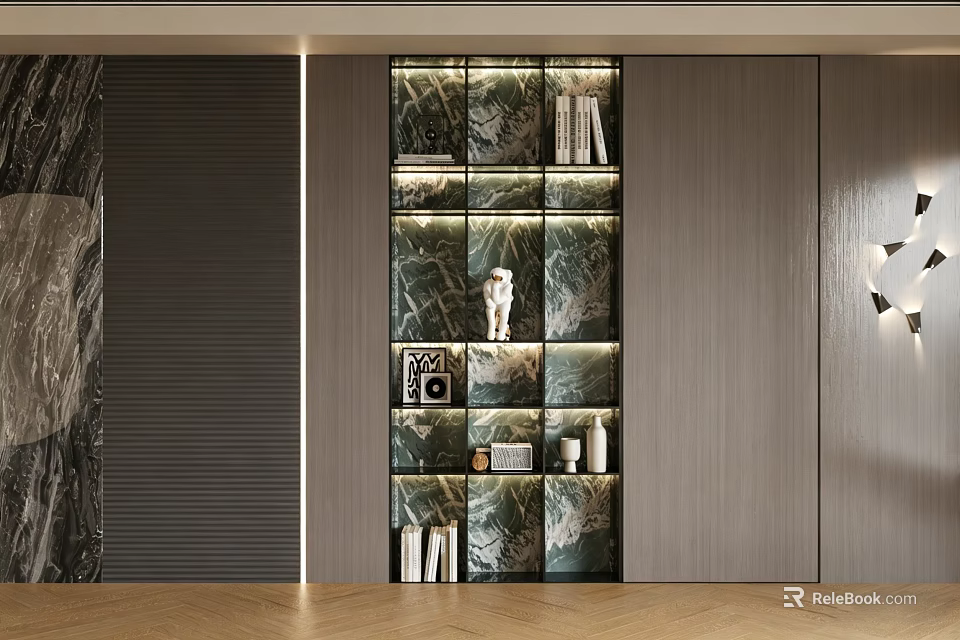 Modern Elegant Entryway Cabinet And Side Cabinet With Marble Texture Shelves And Decorative Items 3d model 