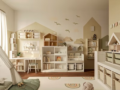 Cozy Kids Room Interior With Slide Bookshelves Storage Units And Cloud Bird Wall Decals 3d model