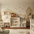 Cozy Kids Room Interior With Slide Bookshelves Storage Units And Cloud Bird Wall Decals